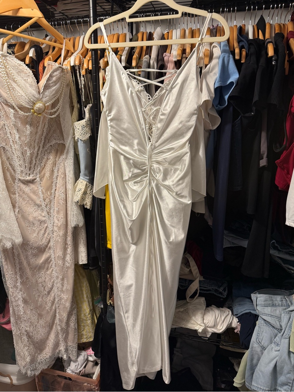 Lace-Up Ivory Satin Wedding Dress with Ruched Detail - Picture 4 of 7